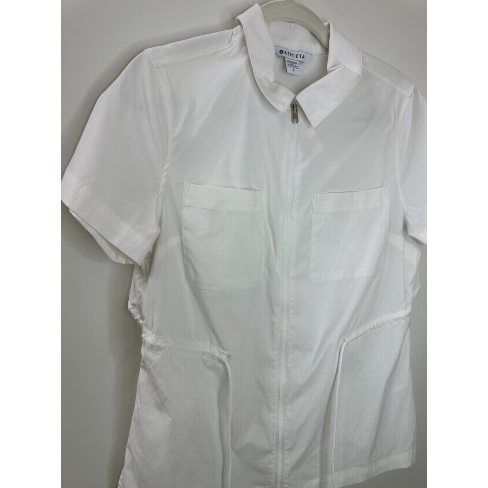 Athleta Advantage Cinch Top White Short Sleeve Full Zip Utility Shirt Small EUC - Picture 3 of 12